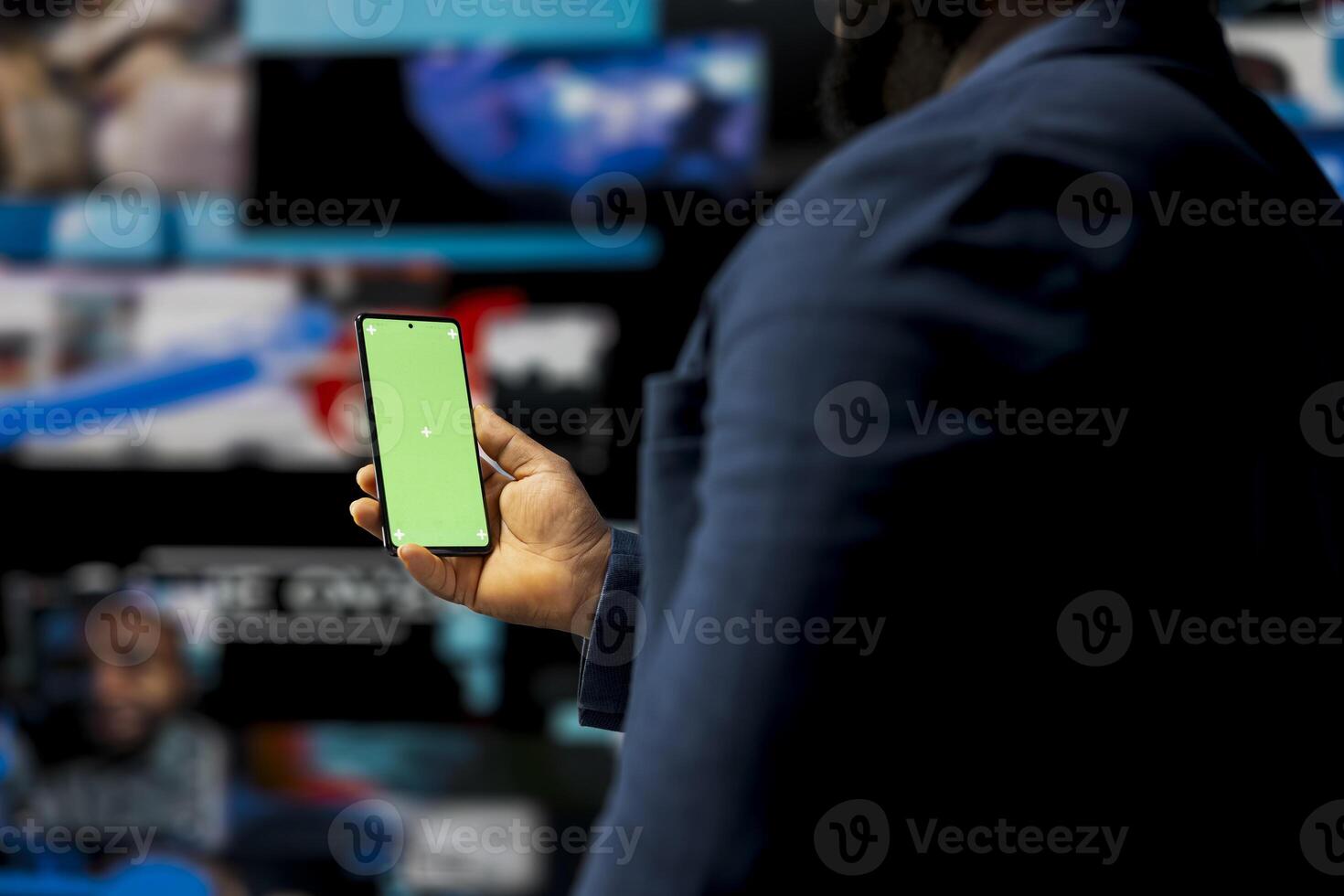 Digital world showing black user navigating visualized data and mockup, applications and social networks with mobile technology. Man showcasing influencer culture and global engagement. photo