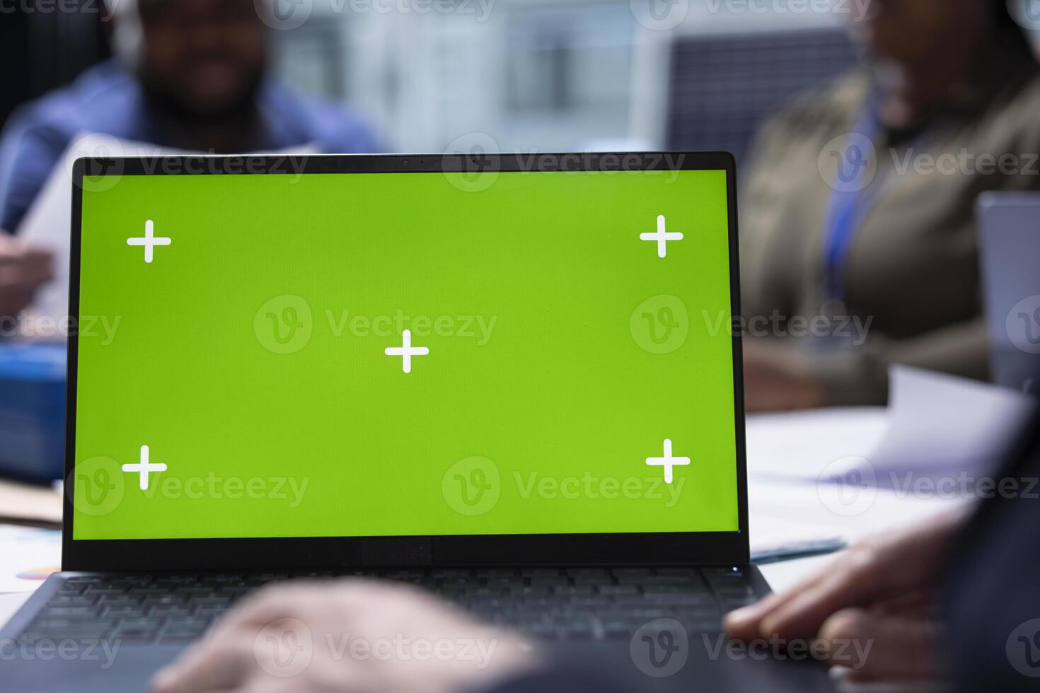 Industrial plant investors using green screen notebook to do screening process before investing. Shareholders using chroma key laptop to research market trends before agreeing deal, close up photo