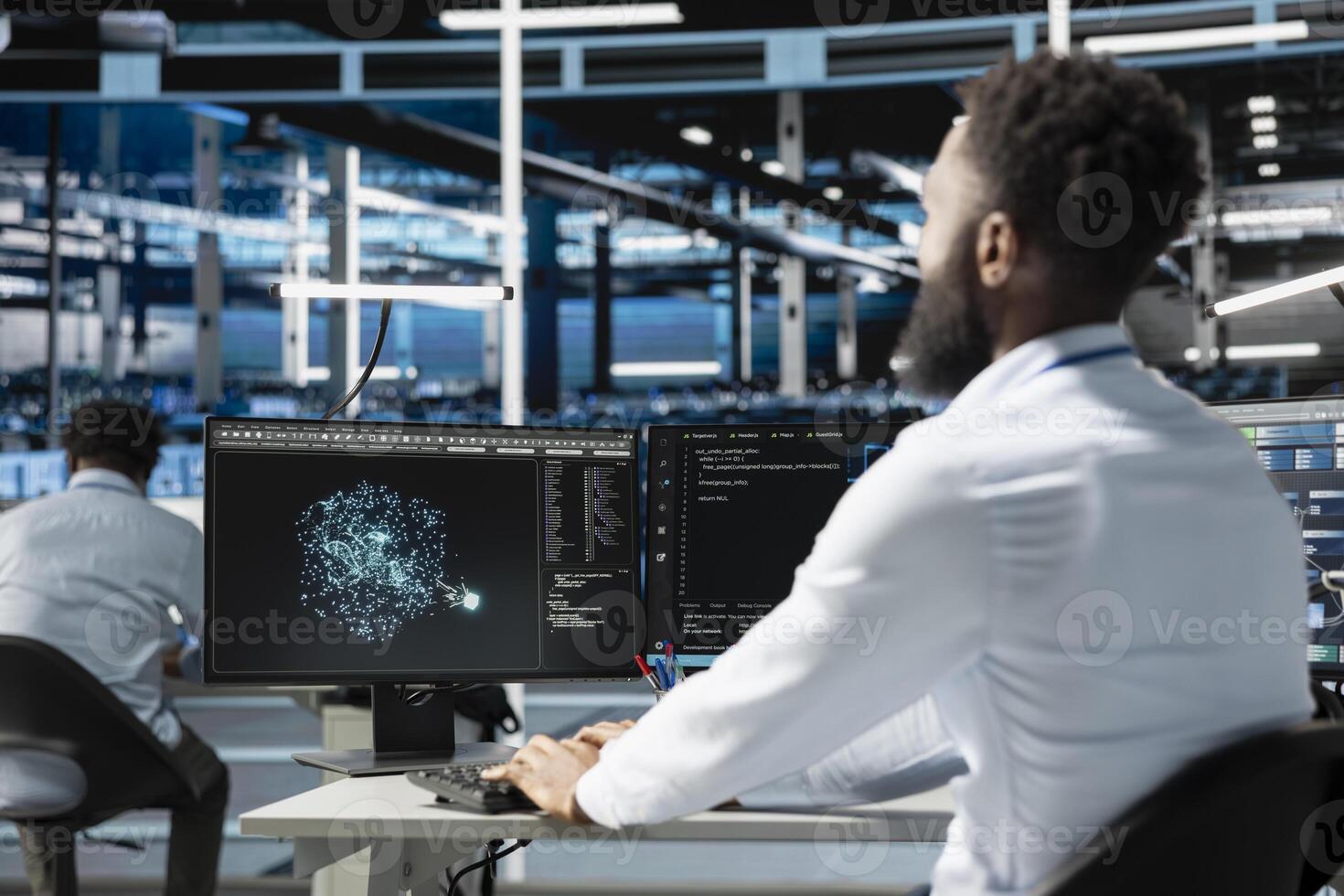 Server farm employee using AI algorithms categorizing and clustering unstructured data. Data center system administrator using Natural Language Processing tech analyzing information photo