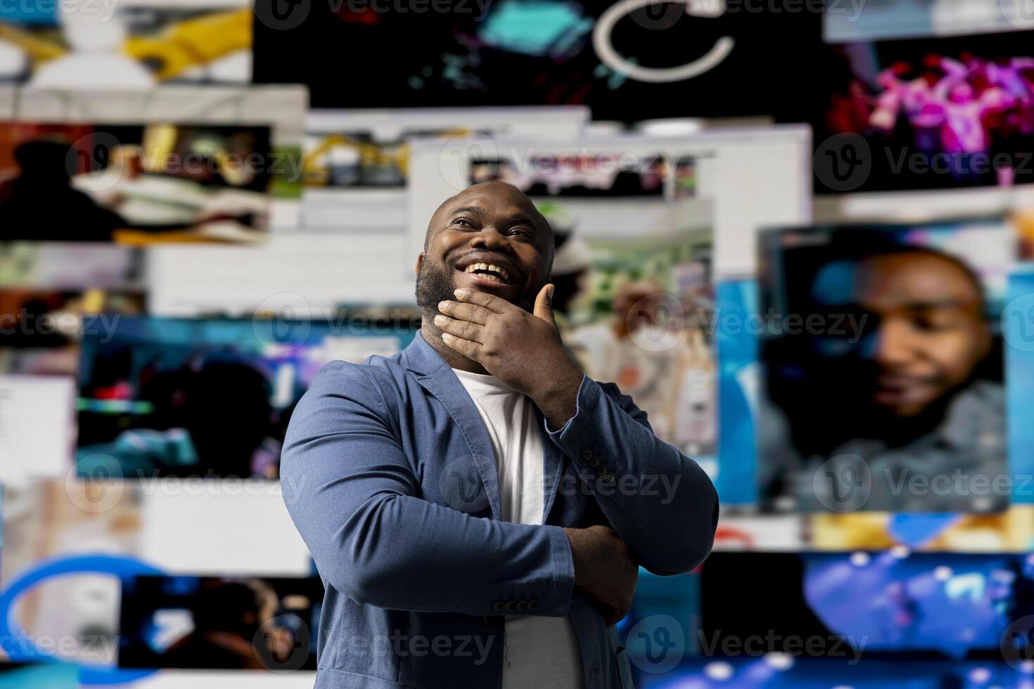 Tech savvy individual engaging with multimedia dashboards displays, showcasing the power of AI, technology and digital content. Showcasing mobile apps, followers and internet communication. photo