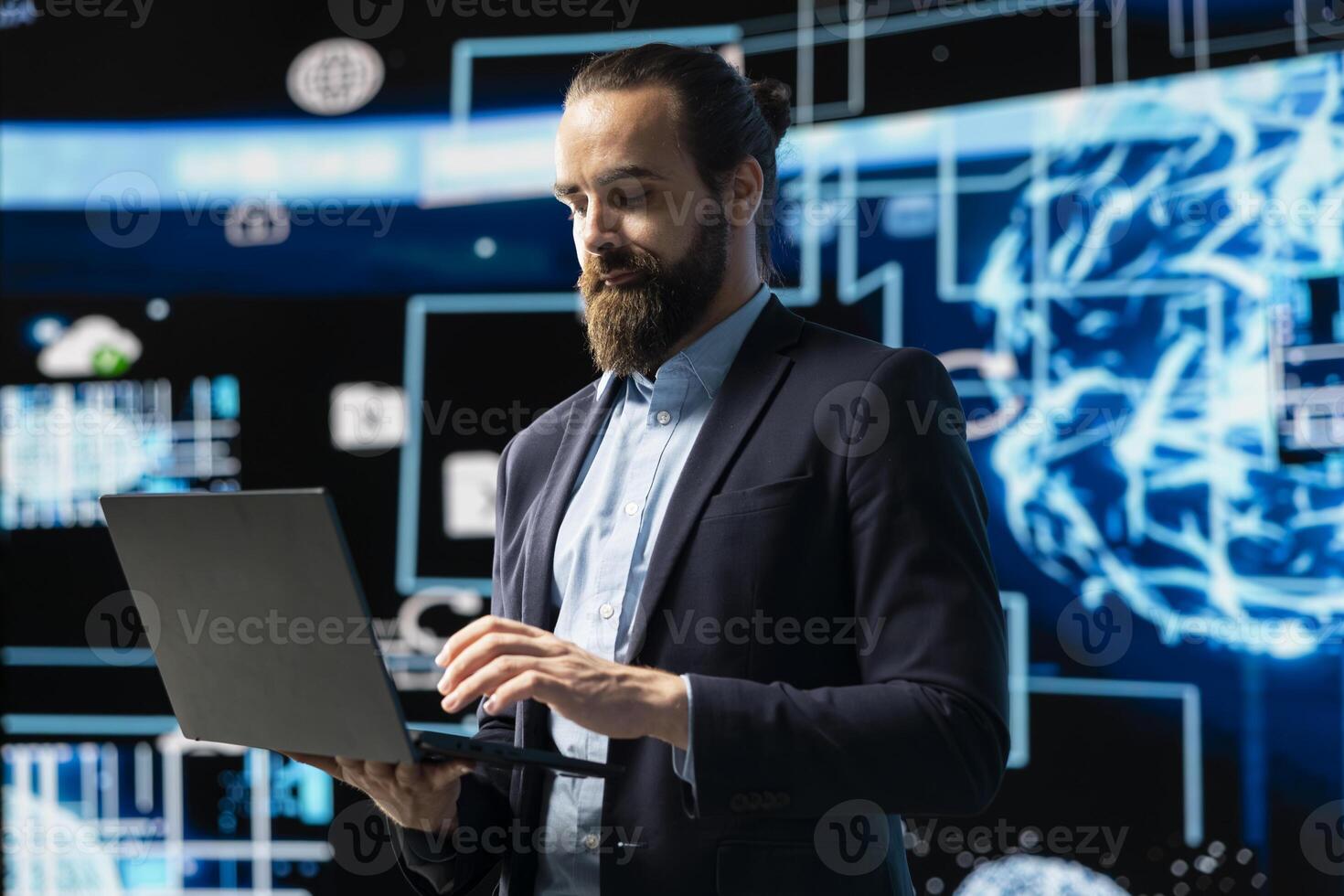 Entrepreneur uses laptop to review artificial intelligence brain system on dashboards, using high tech data visualization for coding, analytics and machine learning. Strategic development. photo