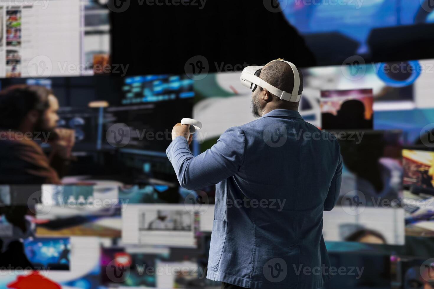 Tech savvy professional uses virtual reality glasses to see social media platforms, using cloud based applications to reflect global connection and AI driven influence for engagement. photo