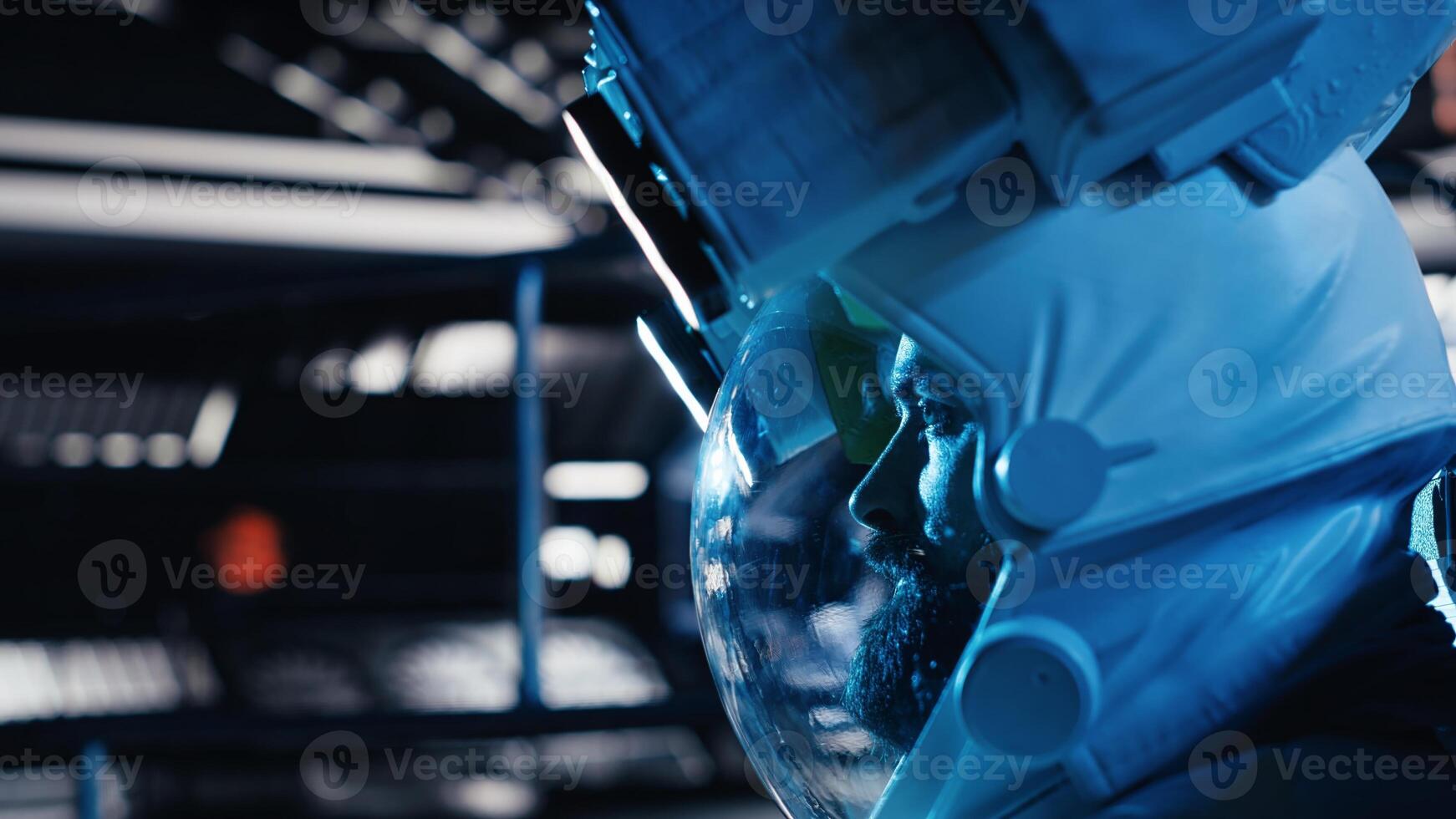Sad astronaut sits on starship floor in silence after weeks without contact in isolated space habitat. Cosmonaut shows emotional fatigue as prolonged solitude affects his mental stability photo