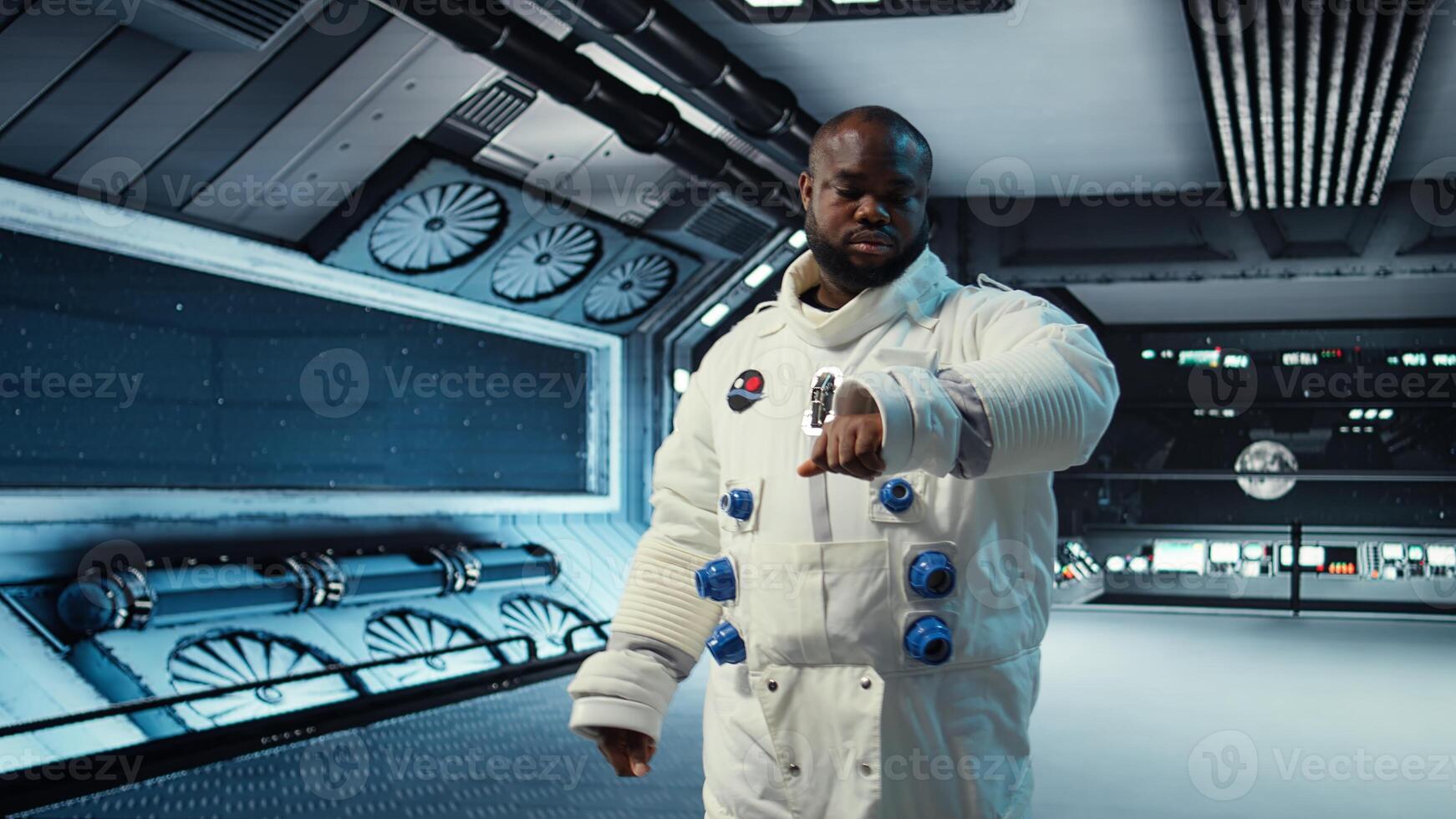 Astronaut doing inspection in spacecraft to ensure safe operation during long distance space travel. Spaceman walking in starship corridor, monitoring system stability during cosmic journey, camera A photo