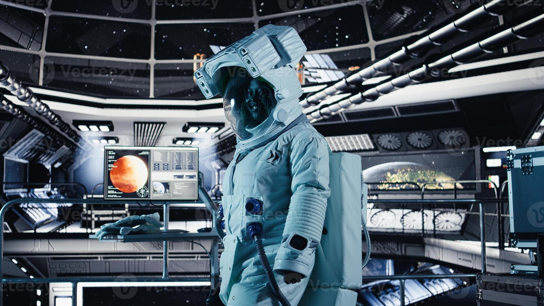 Female astronaut in spacesuit checks wrist device inside spacecraft doing human expansion in space. Starship crew member prepares for operations supporting long term mankind survival photo