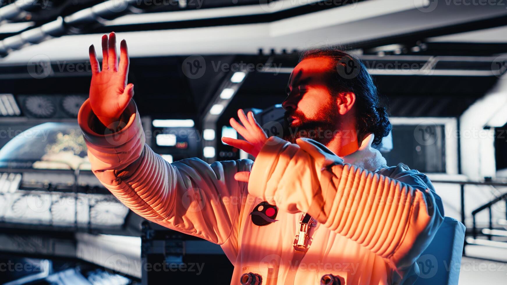 Starship cockpit glowing as cosmonaut watches unknown alien vessel approach from deep space. Man reacts to unidentified extraterrestrial presence hovering near orbital station photo