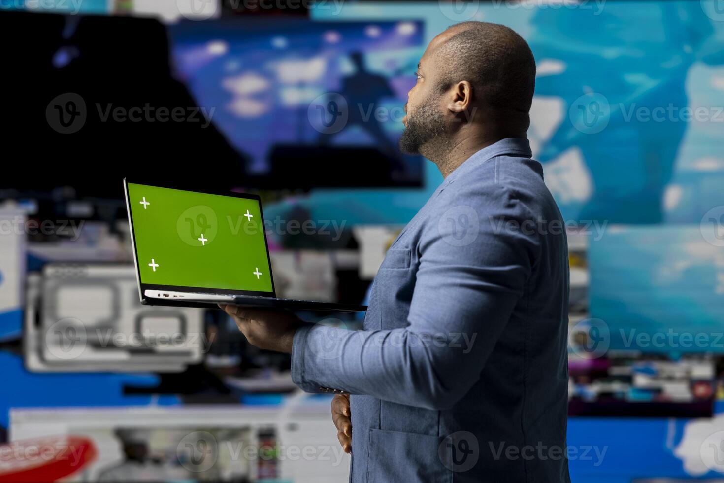 Modern black interface user holding a device with green screen with digital system of screens and apps, highlighting the integration of AI and fintech. Communication and content creation. photo