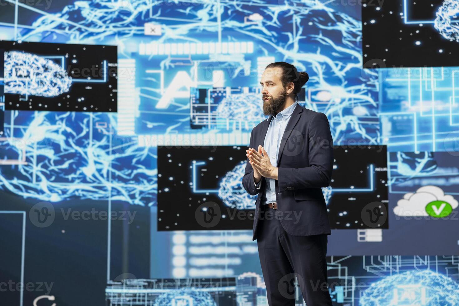 IT engineer hosting public speaking event to present new AI tech tools, highlighting neural networks brain system for automation. Businessman speaker gives pitch for a machine learning idea. photo