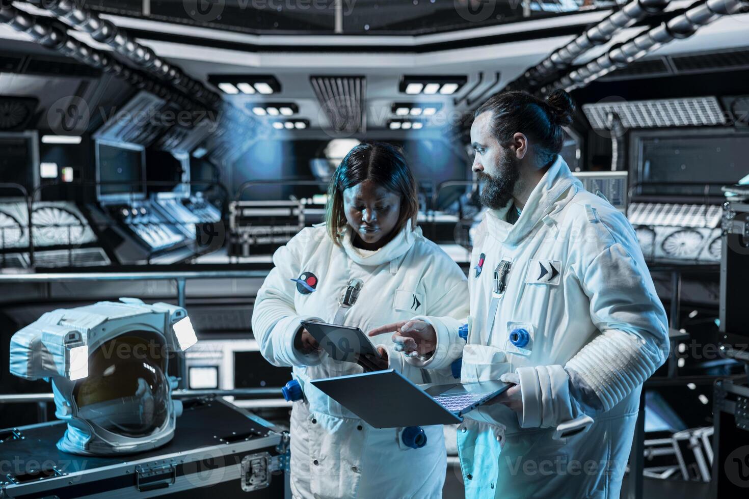 Astronauts monitoring life support systems, conducting safety checks during long distance space travel. Starship colleagues verifying navigation coordinates during cosmic journey photo