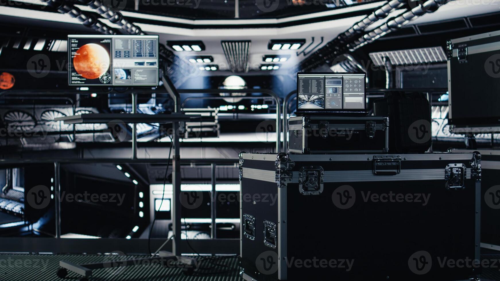 Laptop inside high tech spaceship control bay displaying diagnostics and mission telemetry. Notebook monitor in orbit station shows performance metrics and onboard system navigation support photo