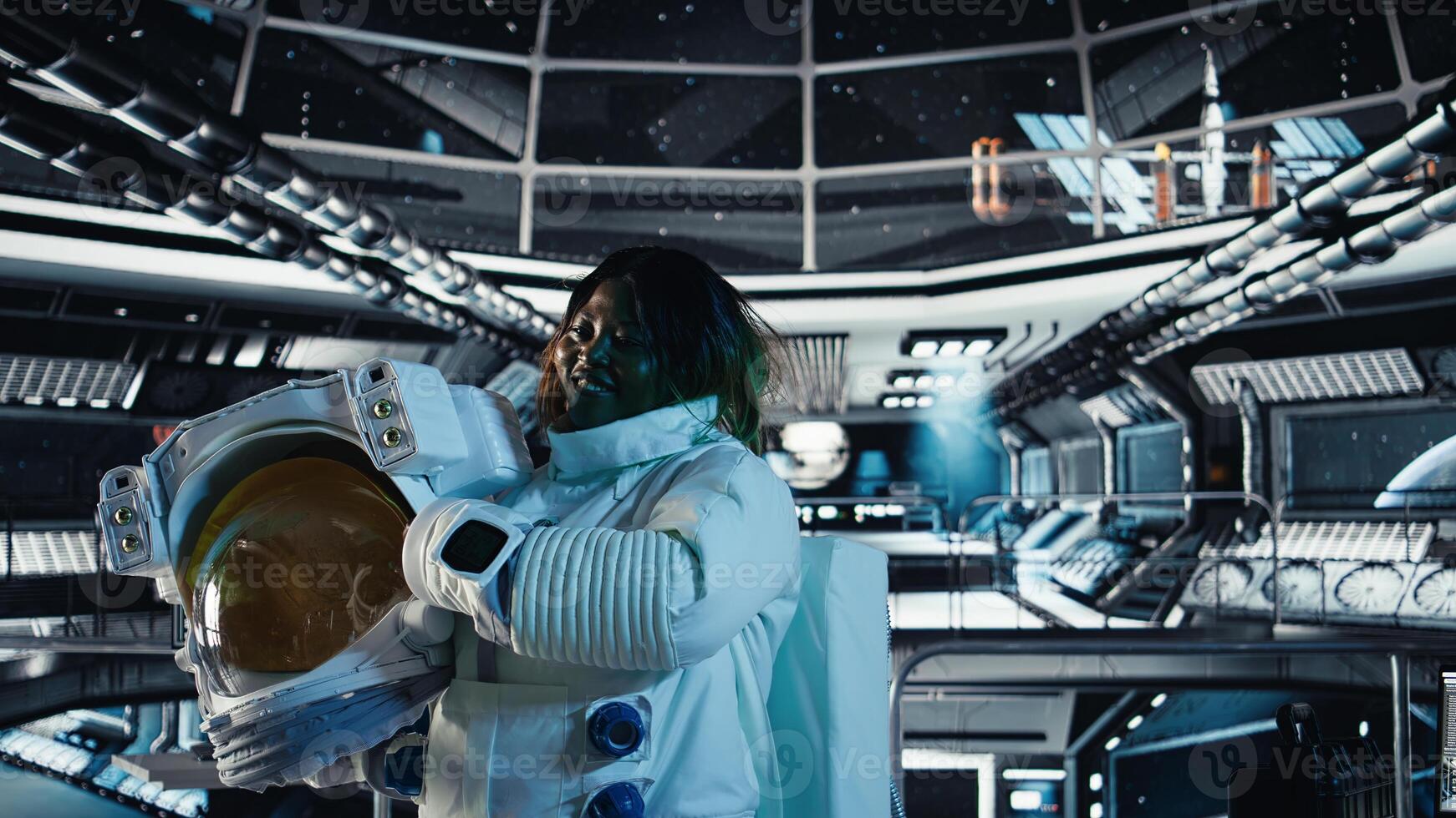 Portrait of happy astronaut holding helmet before stepping out for scheduled operations outside orbital station. Smiling cosmonaut in spacecraft approaching distant planetary surface photo