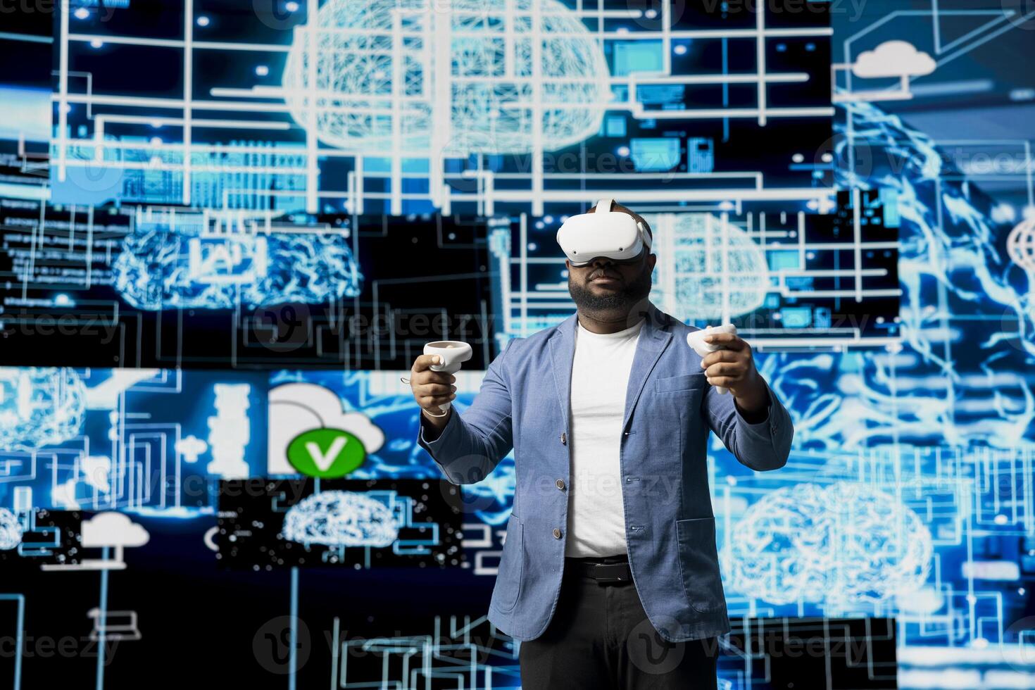 African American engineer working on machine learning with virtual reality tools, implementing models and intelligent systems via neural networks. Programming and cloud computing. photo
