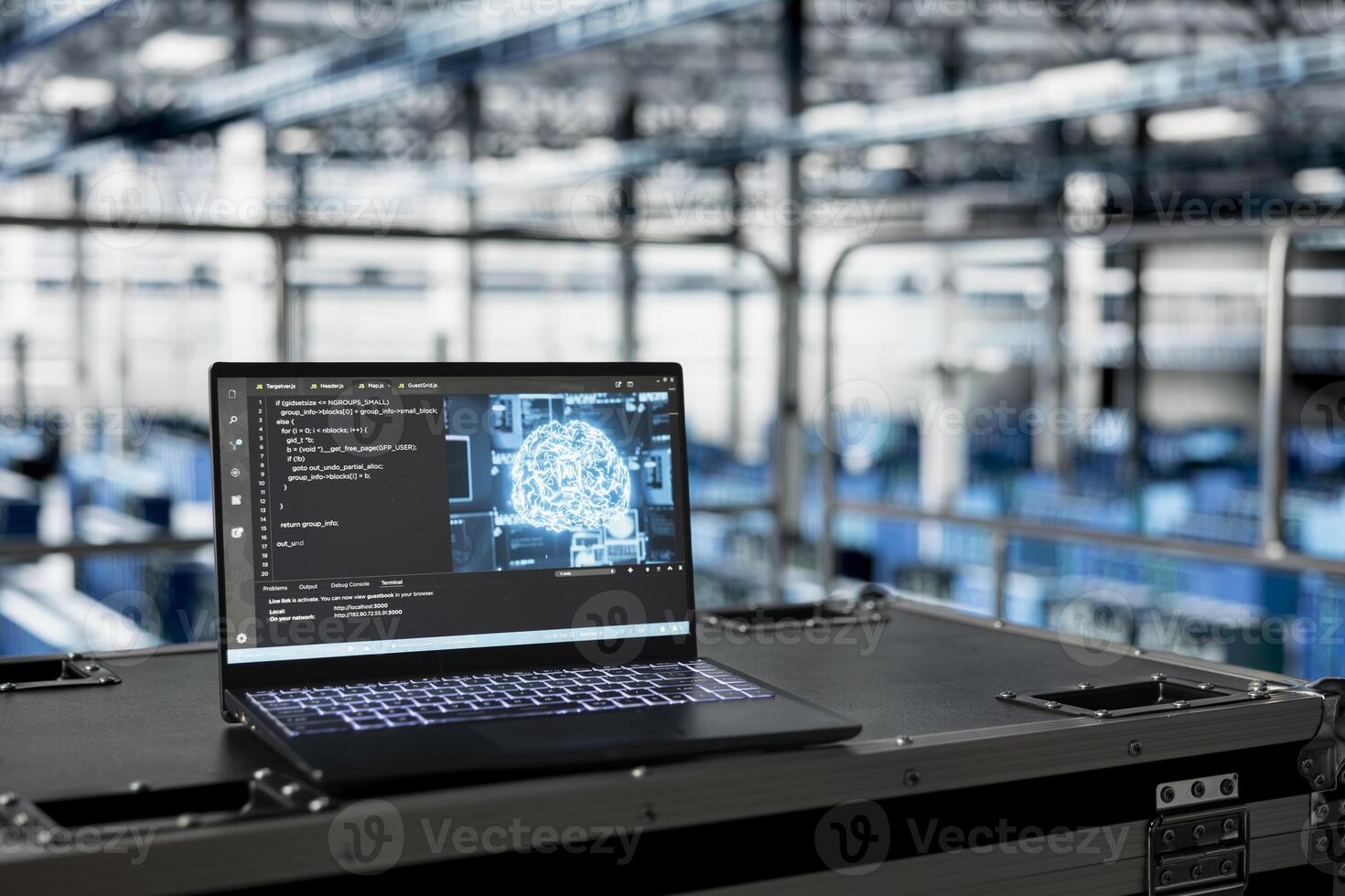 Close up of AI code running on laptop managing server room rigs machines powering networks. Artificial intelligence tech on notebook in data center facility helping process large datasets photo