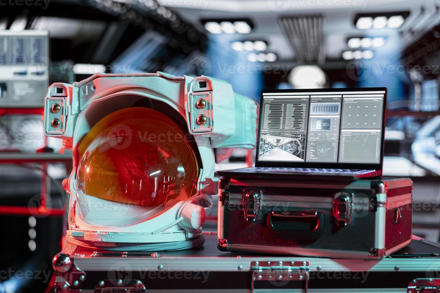 Danger warning lights indicating accident in spacecraft cockpit. Error red light in spaceship shuttle over space helmet next to device displaying scientific research analytics photo