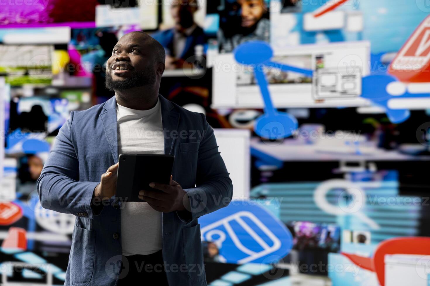 High tech black person connecting on web platforms with vibrant digital interfaces and data visualizations, showcasing mobile networking engagement. Social media web experience. photo