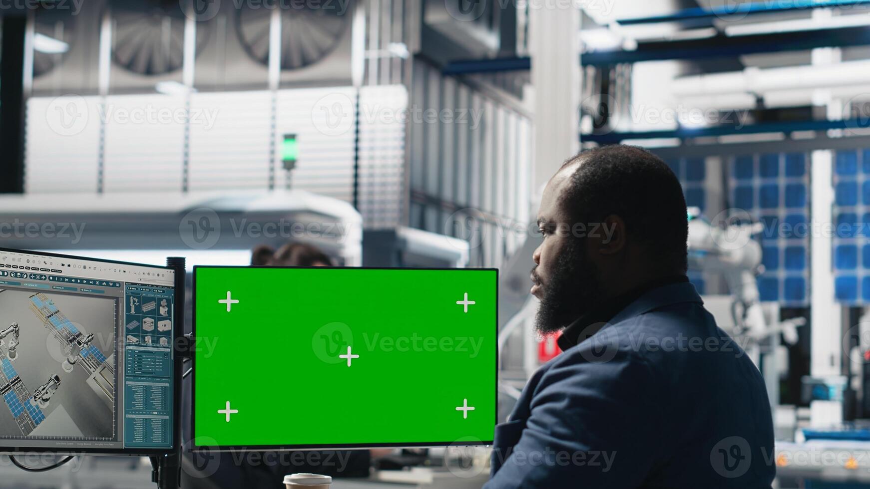 Black man specialist checks solar panel production with copy space, reviewing a checklist during inspection for the vital role in alternative energy production. Tech infrastructure. Camera B. photo