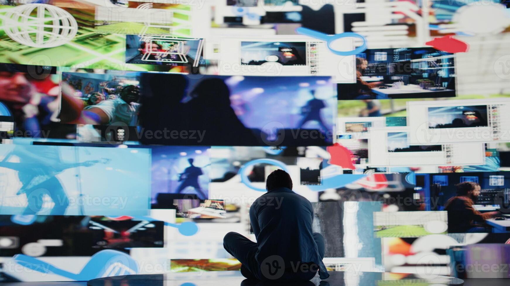 Desperate guy staring at phone screen in misery symbolizing toxic social media overuse. Obsession and excessive information affecting the mental health, anxiety and depression. Camera B. photo