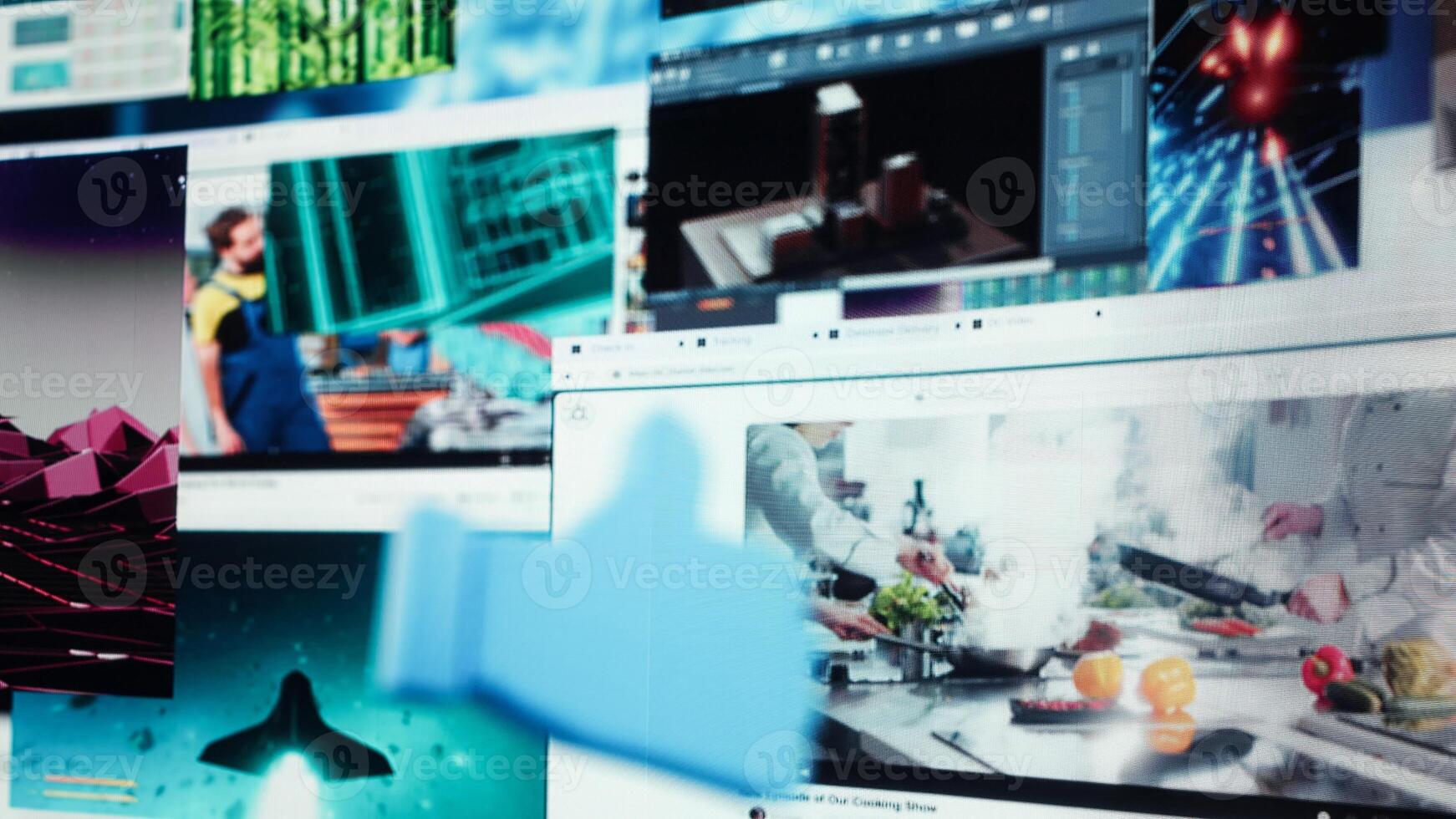 Futuristic videowall mirroring modern media consumption habits. Floating clips and icons, abstraction of social media feedback and viral engagement, highlighting digital lifestyle based on trends photo