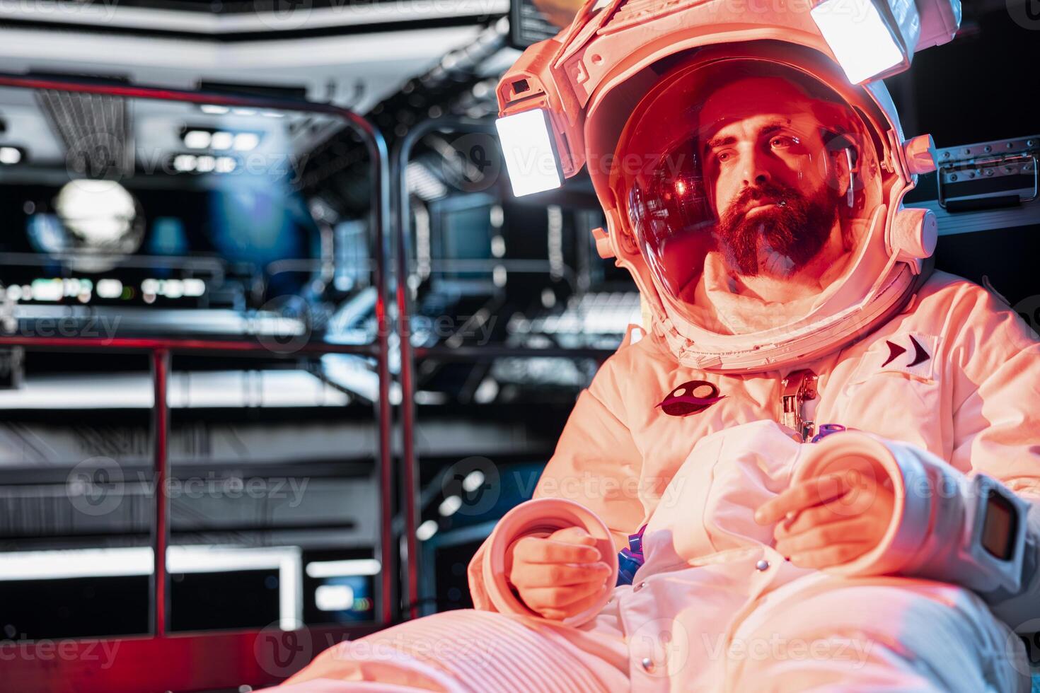 Dejected astronaut failing to expand human presence in space after red light error destroying spacecraft. Depressed cosmonaut fails to deepen understanding of universe after starship suffers damage photo