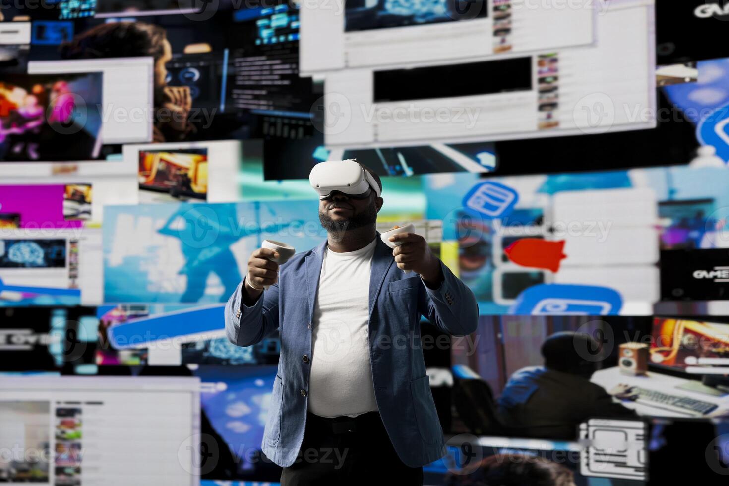 African american tech user immersed in visual environment with VR glasses, representing communication, e commerce and online entertainment. Social networking powered by digital tools. photo