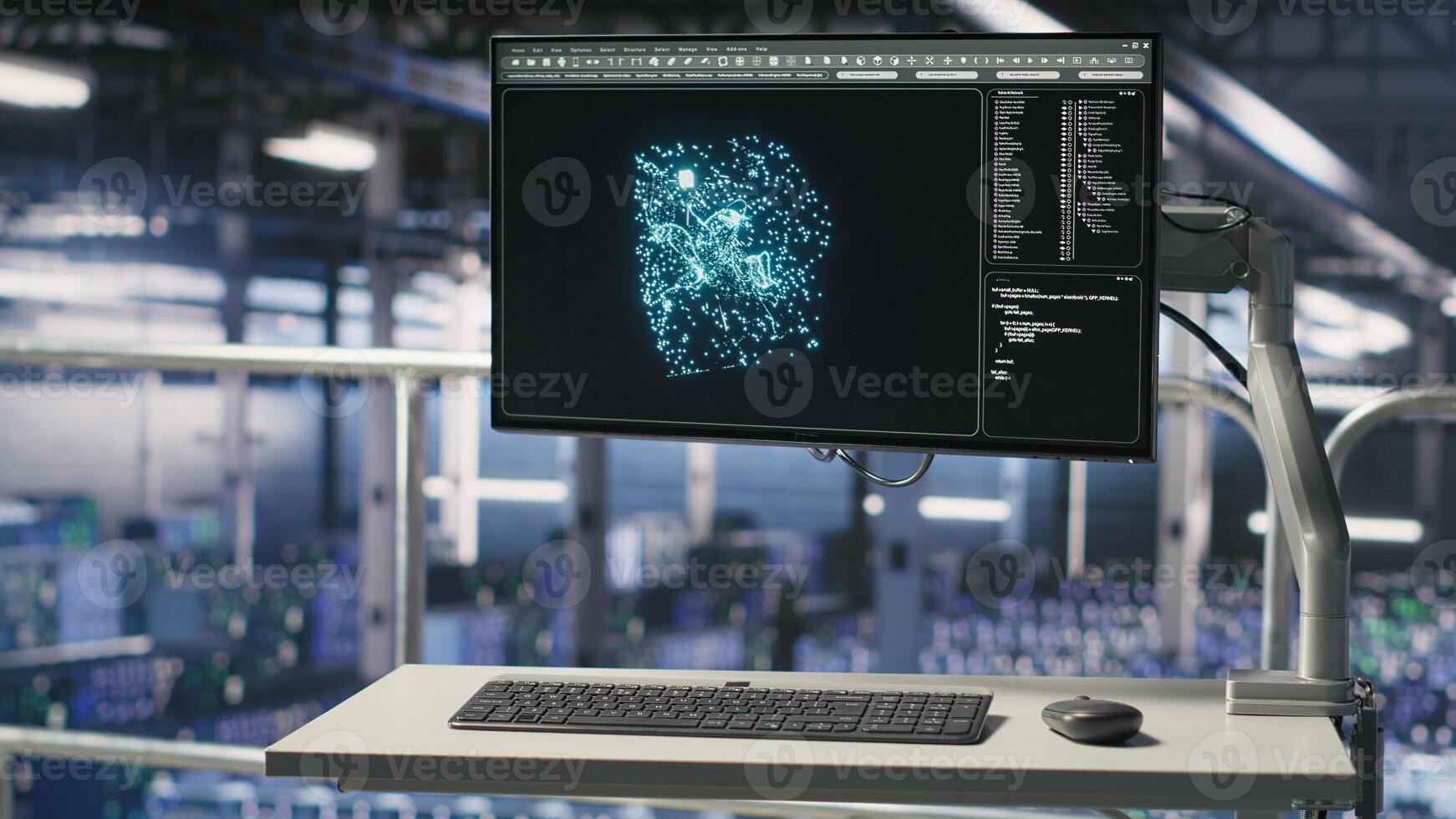 PC monitor on data center industrial platform displaying hardware status for AI training workflows. Workstation screen tracking servers processing machine learning datasets in industrial environment photo