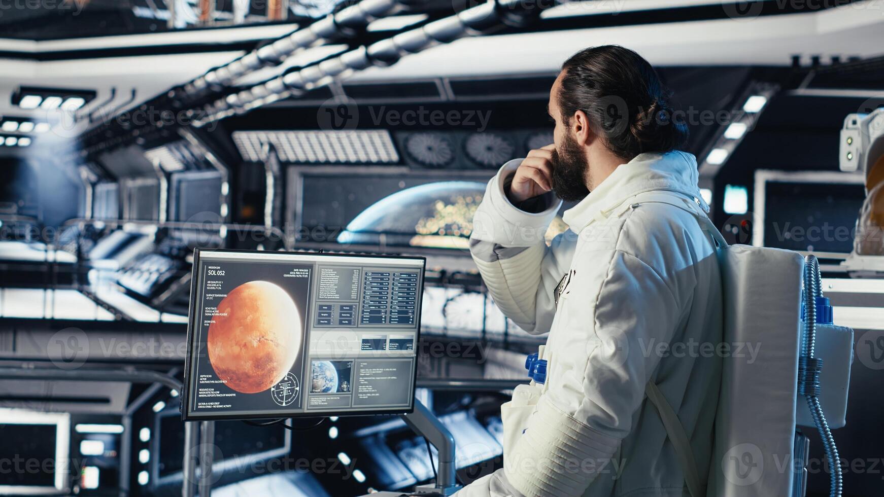Astronauts flying together in starship exploring Mars, advancing scientific knowledge. Cosmonaut in spacecraft ensuring operational readiness before landing on red planet photo