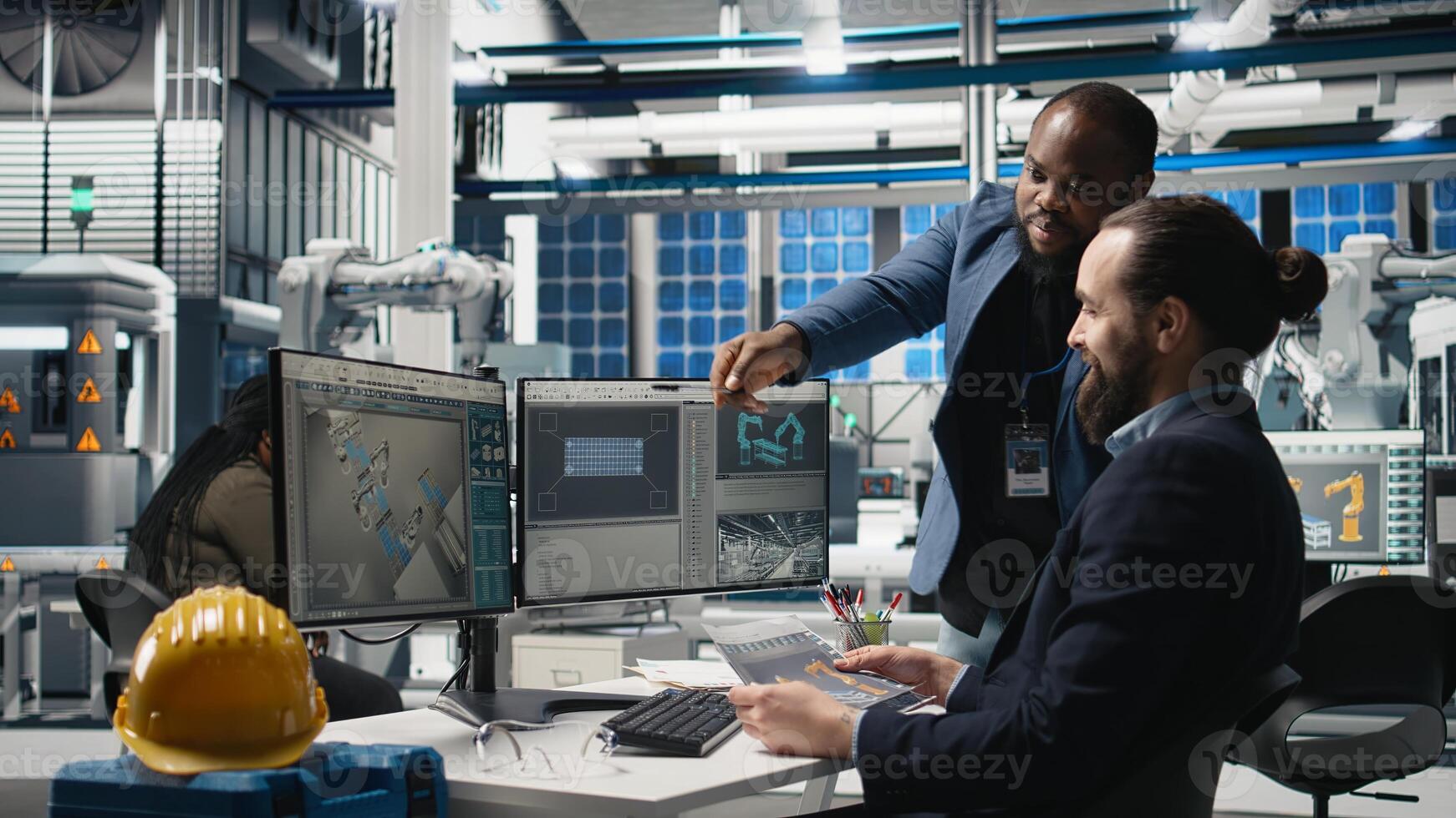Coworkers team in the plant overseeing solar power production line, showing teamwork in manufacturing process of photovoltaics development. Renewable energy infrastructure systems. Camera A. photo