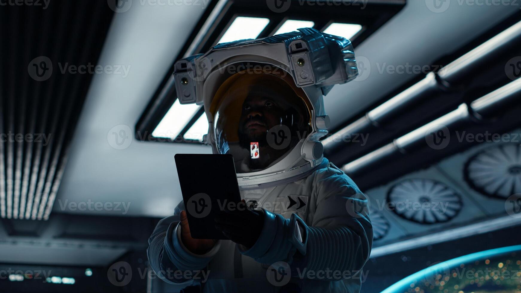 Cosmonaut verifying navigation coordinates on tablet, preparing for planetary mission outside. Astronaut conducting safety checks before beginning landing procedures on solar system planet, camera B photo