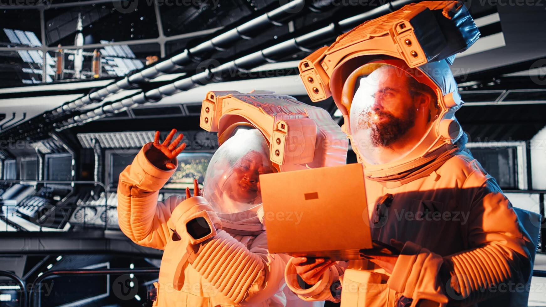 Astronauts operating starship control interface react to extraterrestrial presence hovering near space station. Team of cosmonauts watch alien vessel approach during data analysis on laptop photo
