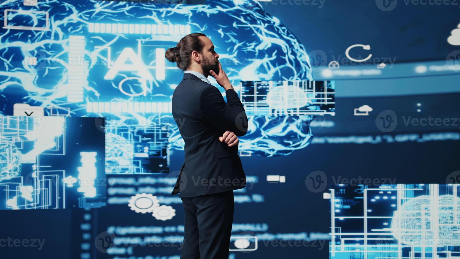 Tech savvy businessman employing AI brain data visualization, exploring algorithmic thinking and machine learning through neural networks system. Virtual intelligence in the digital age. Camera B. photo