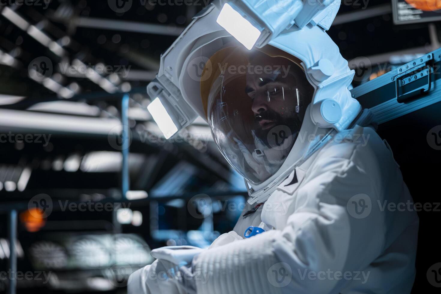 Injured space station crew member calling for backup, contacting ground control. Astronaut pressing wrist touchscreen display to send SOS message to mission command center on Earth photo