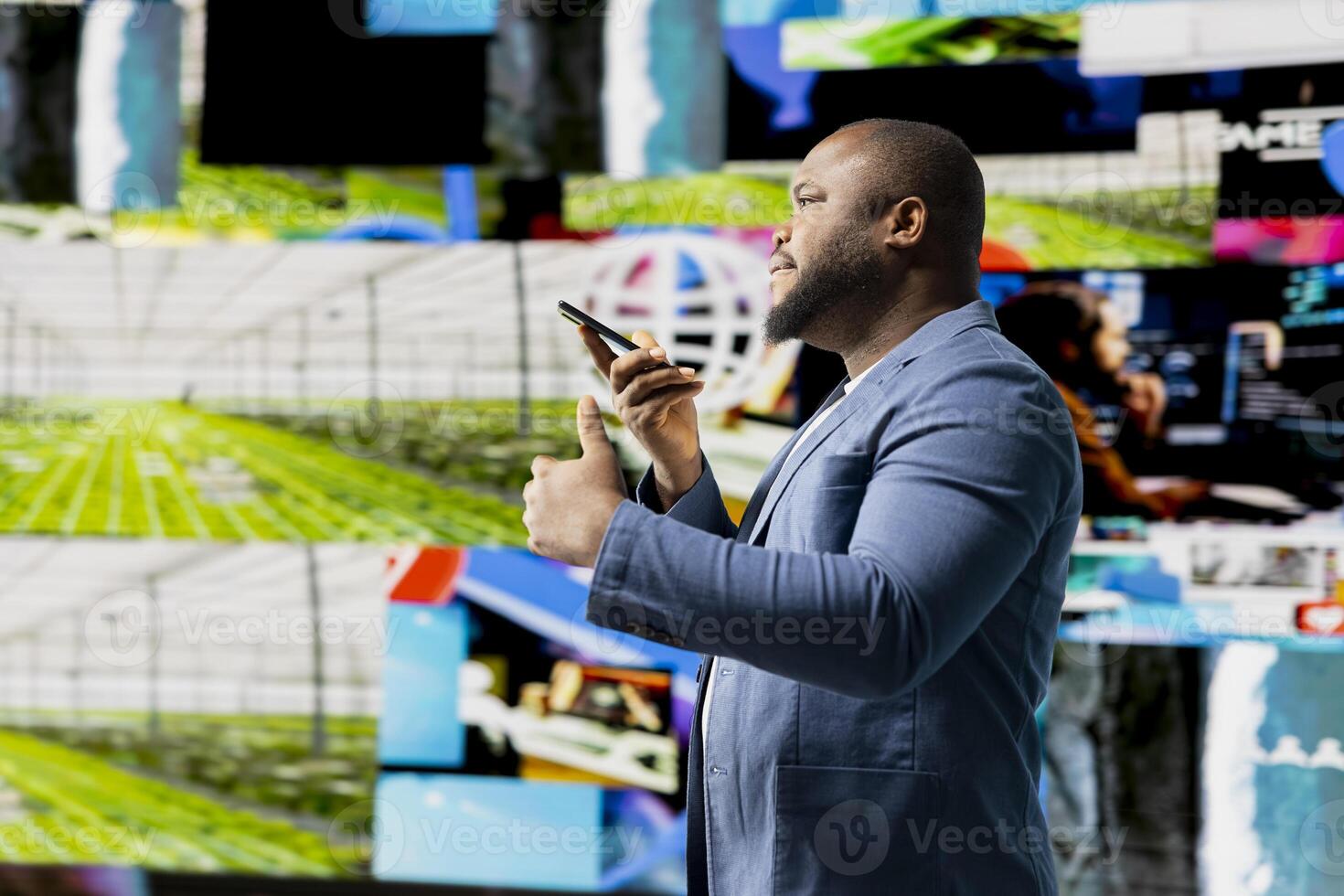 African american person uses a phone call connection to showcase engagement and online communication through mobile high tech platforms. Online interaction through social networks apps. photo