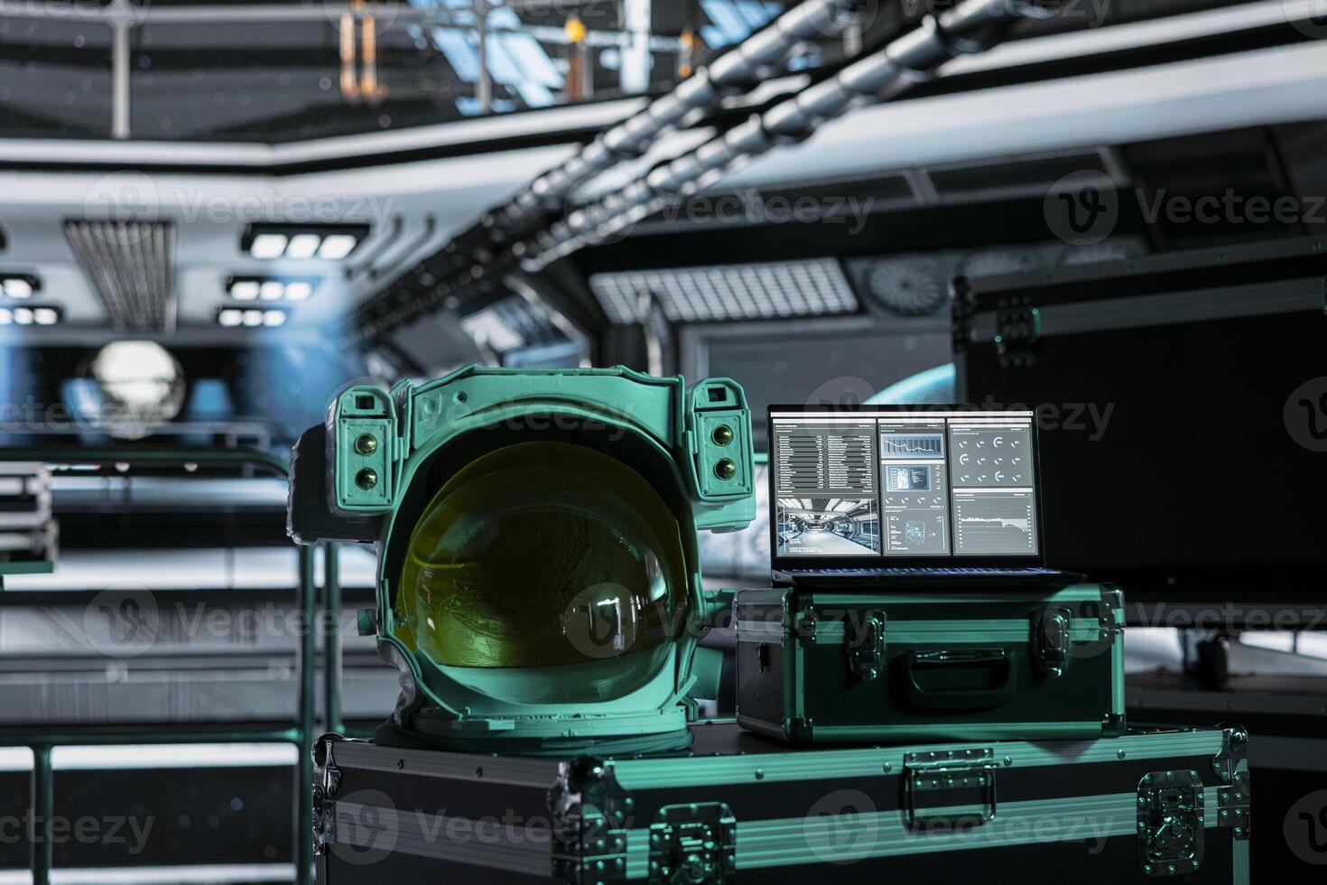 Close up of laptop in spacecraft displaying detailed mission analytics panel prepared for scientific research. Space helmet next to notebook screen doing crucial readouts for upcoming orbit voyage photo