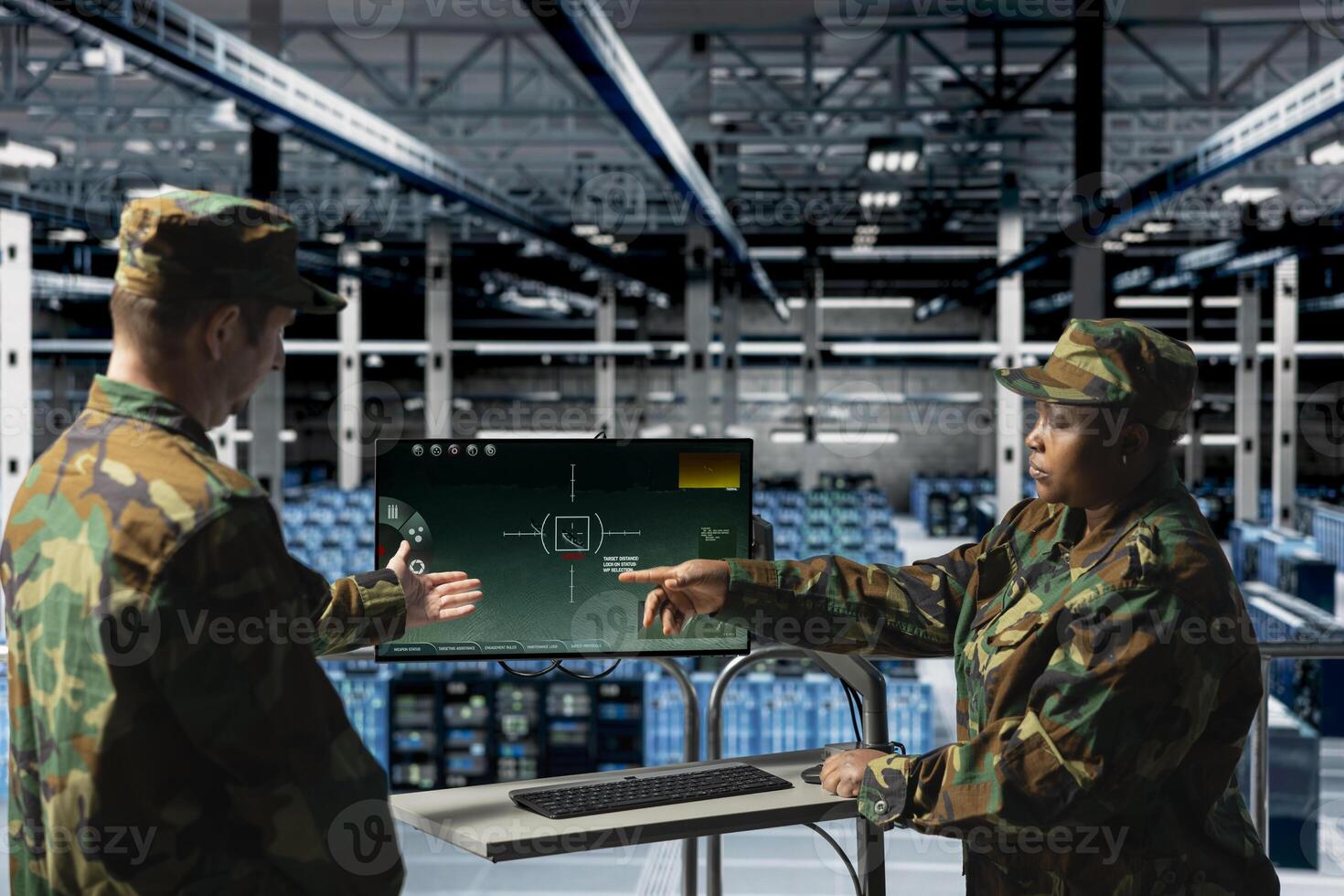 Army soldiers in data center using digital crosshairs to lock onto enemy targets. Military units in server hub command room looking at tactical software screen on monitor photo