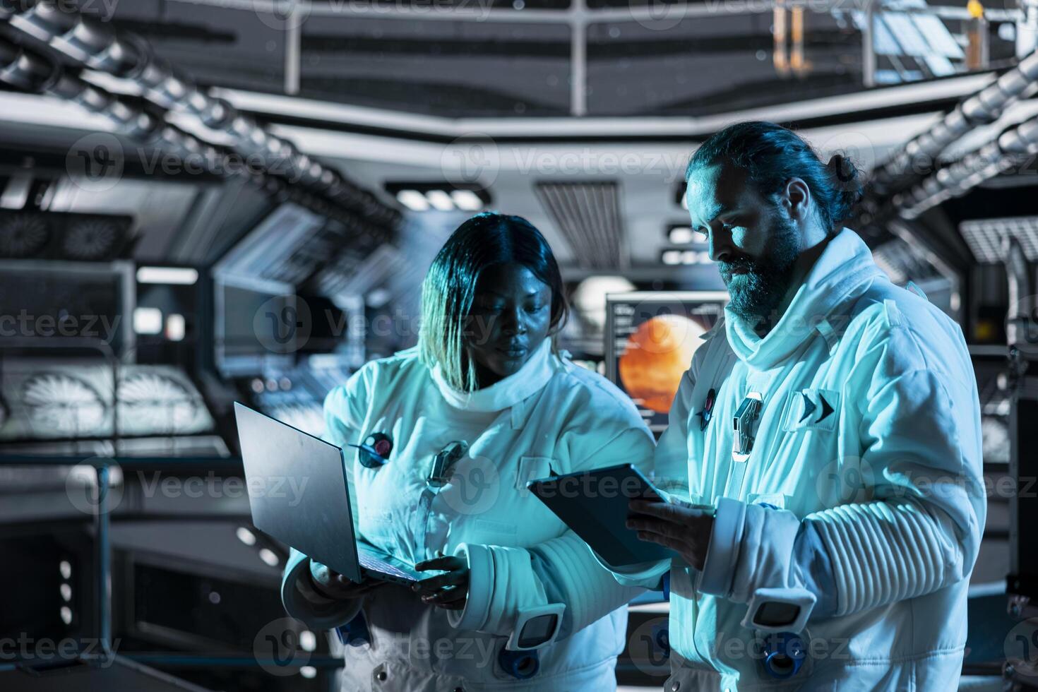 Astronauts on orbital station performing studies in space environment while flying to Mars. Cosmonauts in starship covered by blue light doing red planet surface research, documenting test results photo