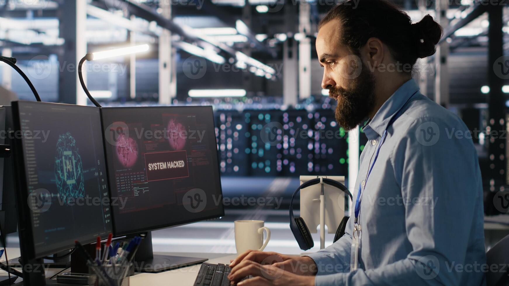 Server farm worker trying to fix hacked equipment systems and protect equipment. Data center engineer reacting to virus popup warning on computer screen, launching emergency response protocol photo