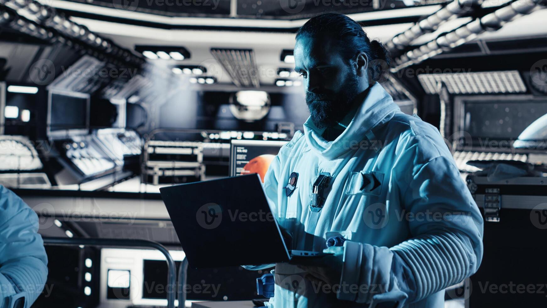 Researchers flying together in starship exploring Mars planetary surface. Cosmonauts ensuring operational readiness before landing on red planet to study cosmic origins photo