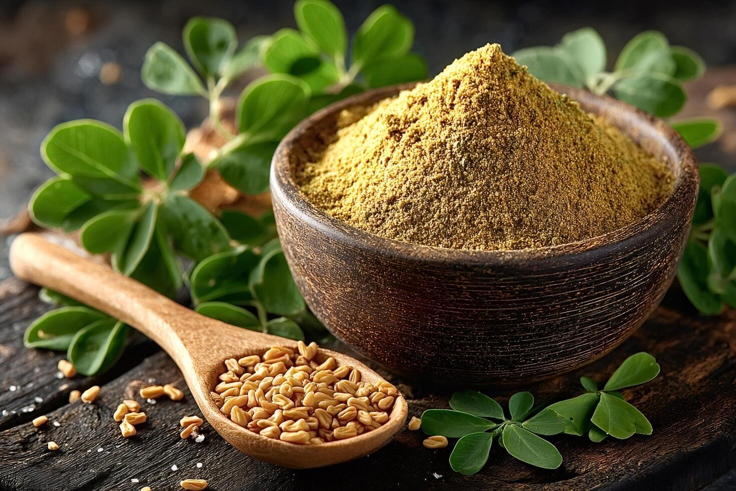 Fenugreek powder and seeds with green leaves on rustic wooden background photo
