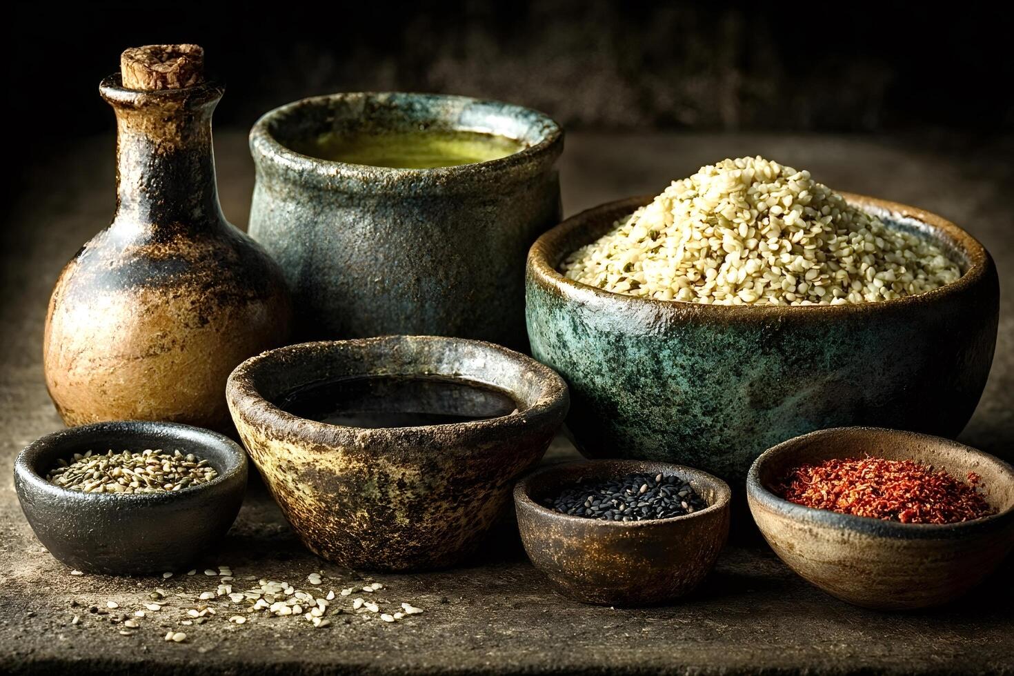 Sesame seeds, oil, paste, and spices in rustic bowls photo