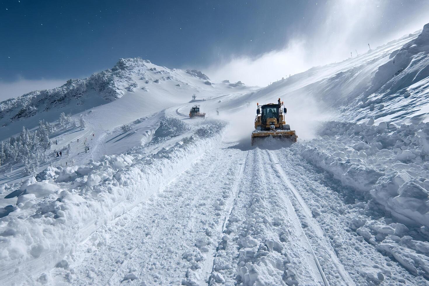 Snowcats grooming snowy ski slopes at night in mountain resort photo