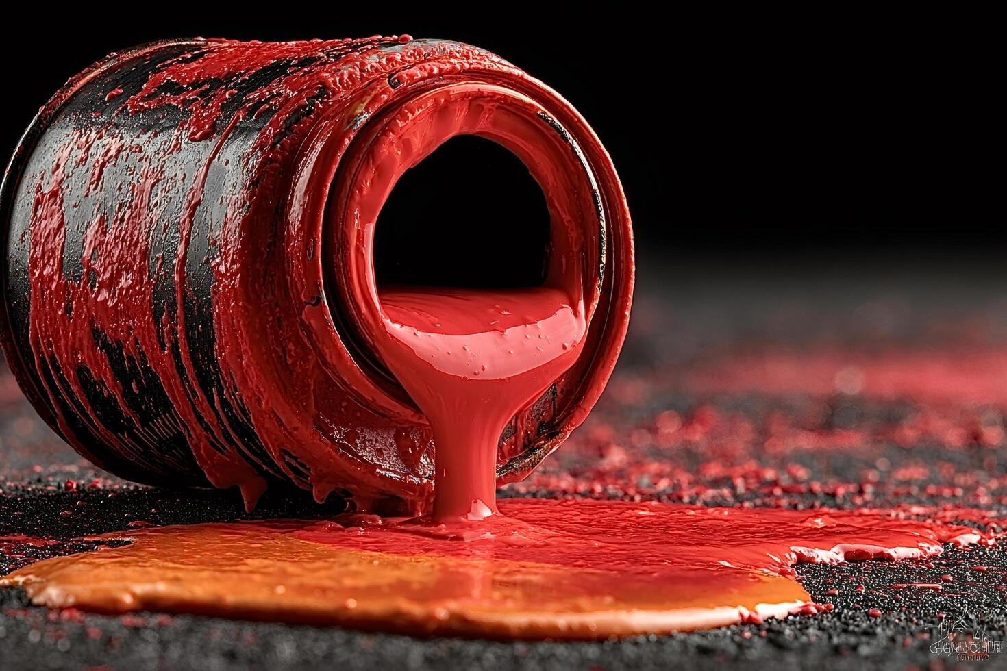 Red paint spilling from a messy can on a black surface photo