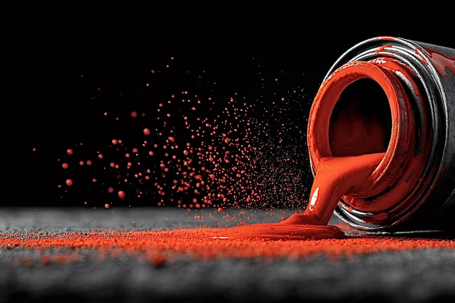 Red paint pouring from a can with splatter effect photo