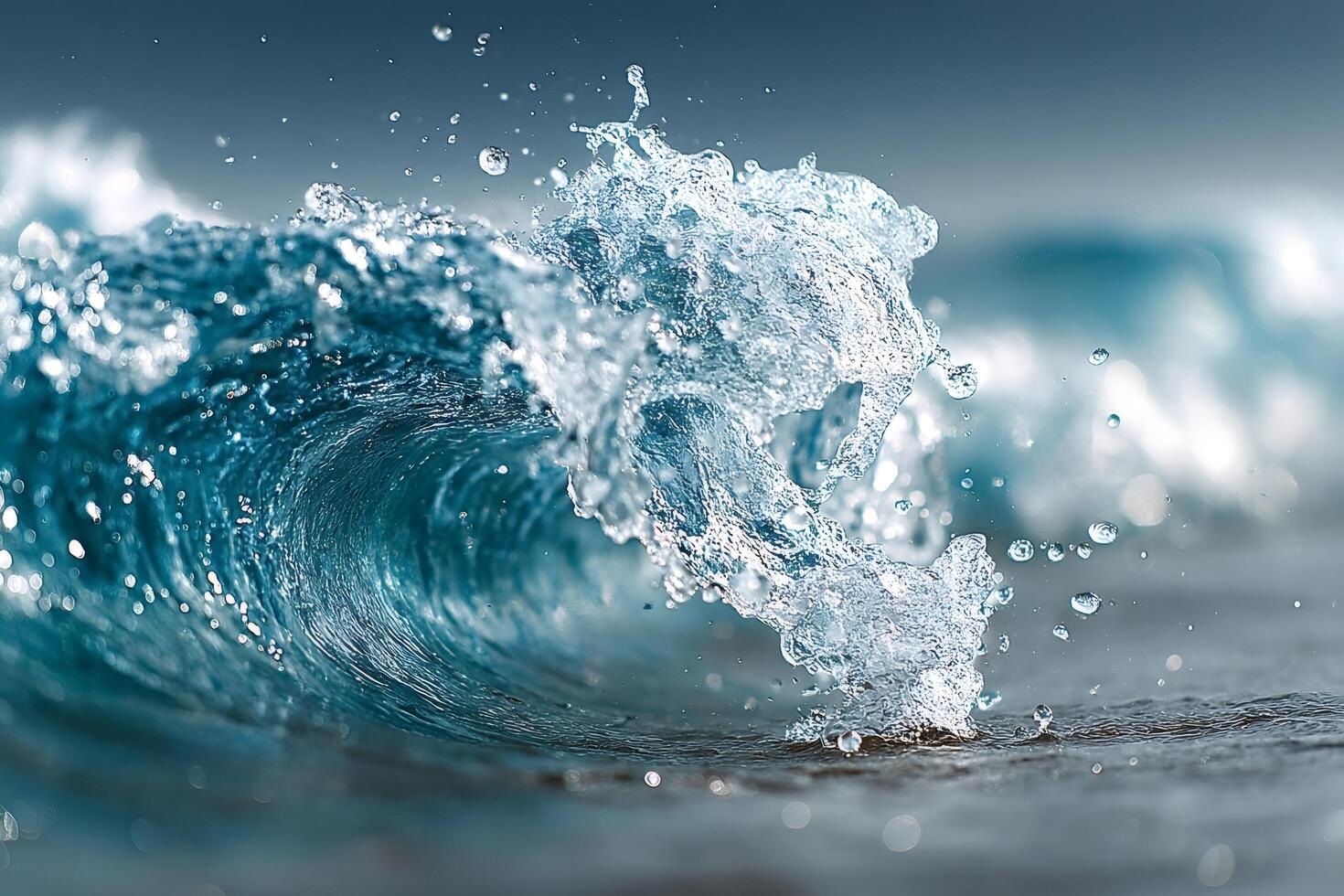 Ocean wave breaking and splashing water droplets photo