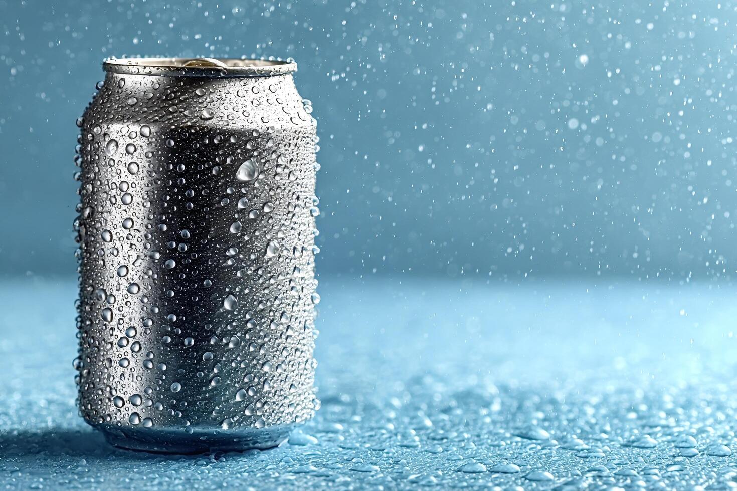 Refreshing aluminum can covered with condensation droplets under a light rain photo