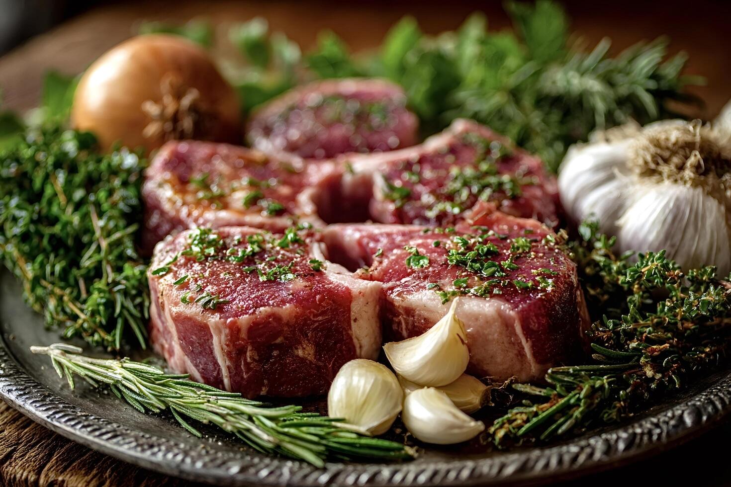 Raw lamb loin chops with herbs and spices on metal tray photo
