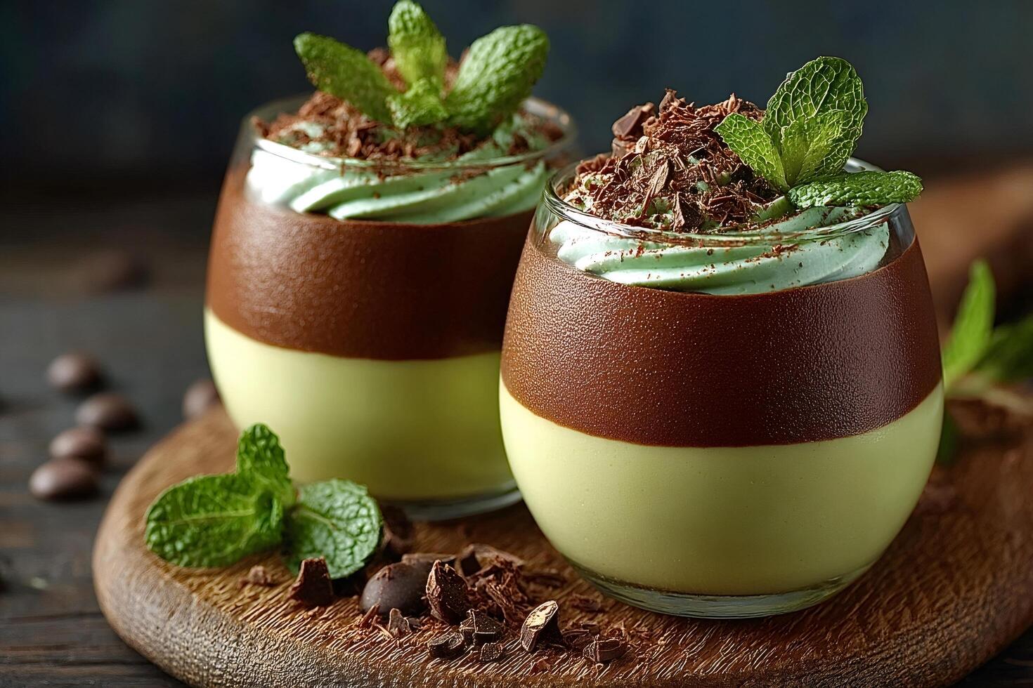 Delicious layered mint chocolate dessert garnished with fresh mint and chocolate shavings photo