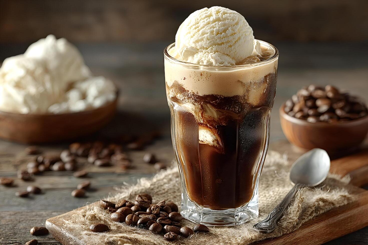 Iced coffee with scoop of vanilla ice cream and coffee beans photo