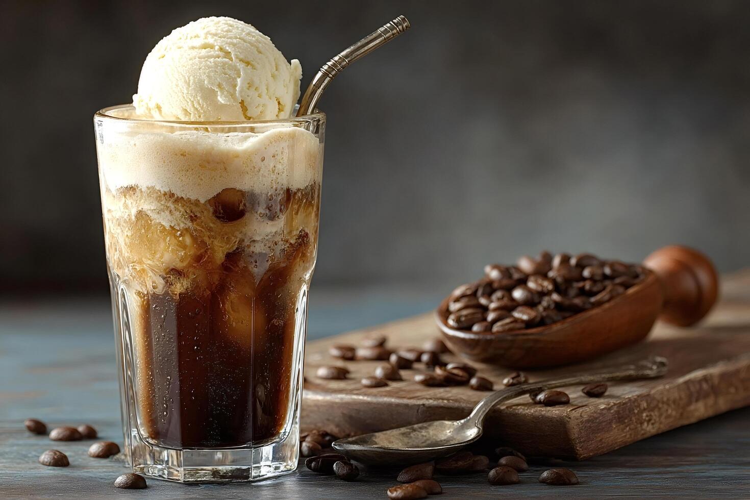 Refreshing iced coffee with vanilla ice cream and coffee beans photo