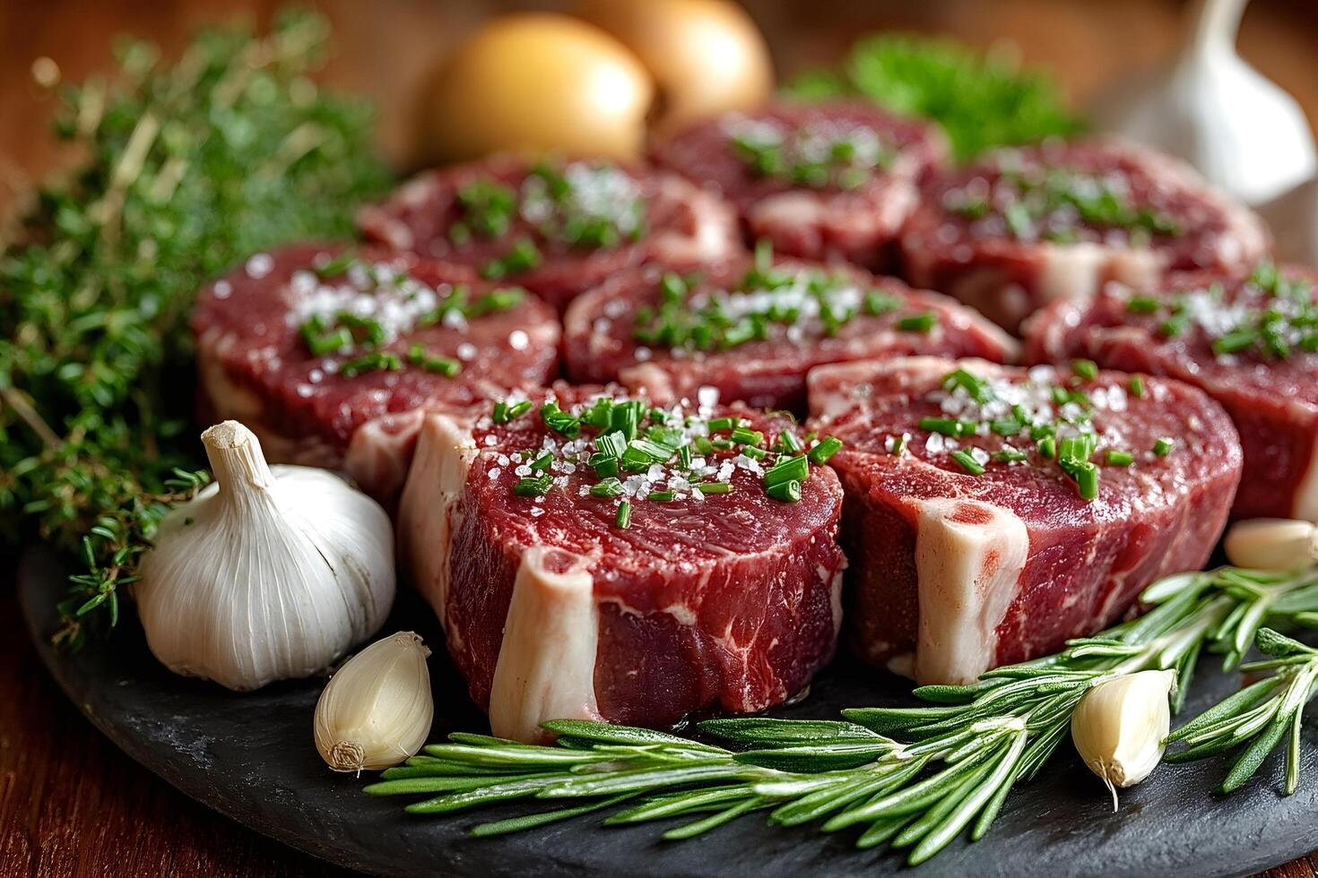 Fresh raw beef medallions seasoned with salt and herbs ready for grilling photo