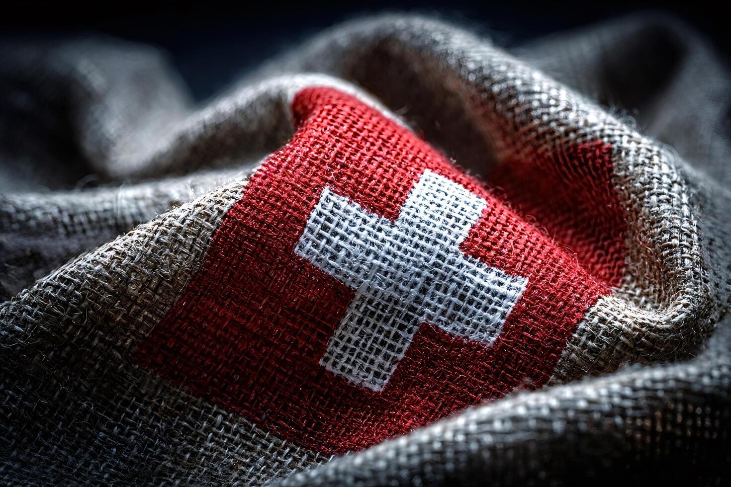 Swiss flag printed on burlap showing national identity photo